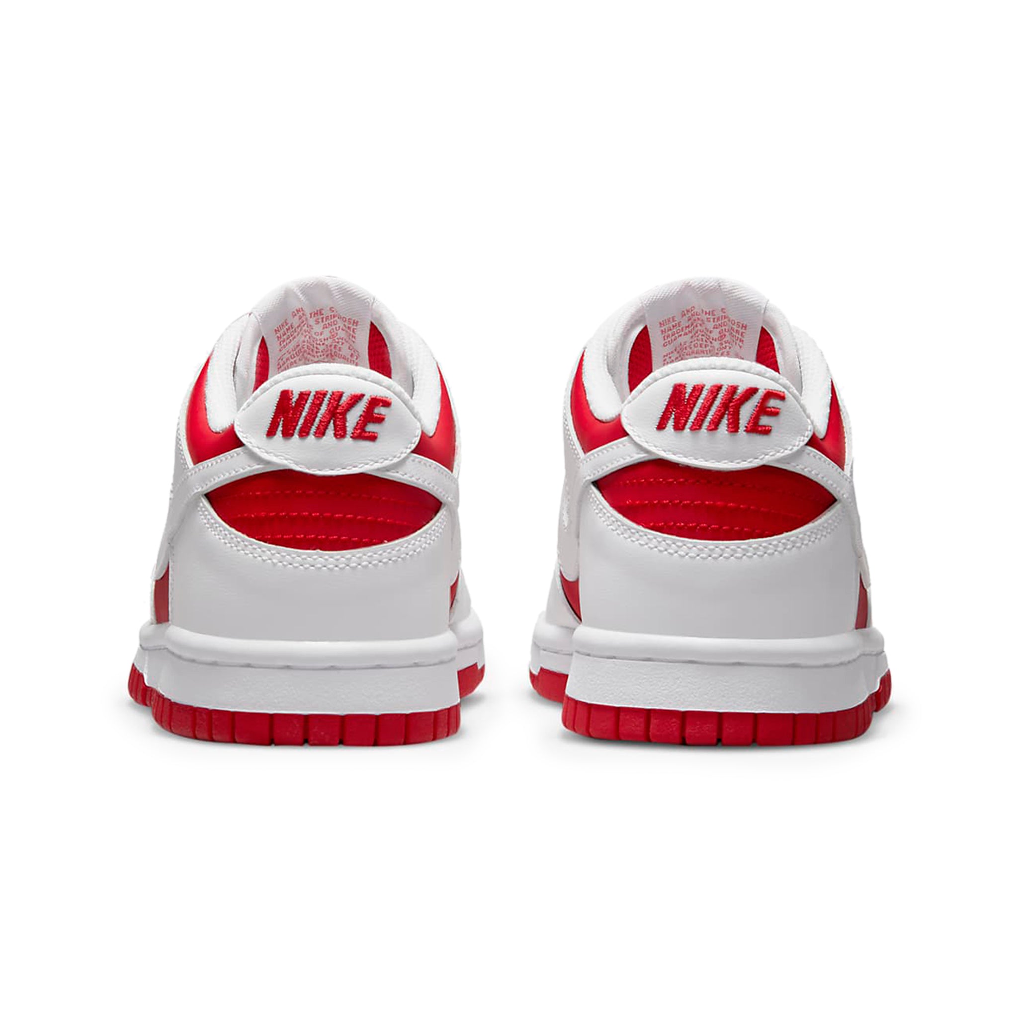 Heel view of Nike Dunk Low Championship Red (2021) (GS) CW1590-600